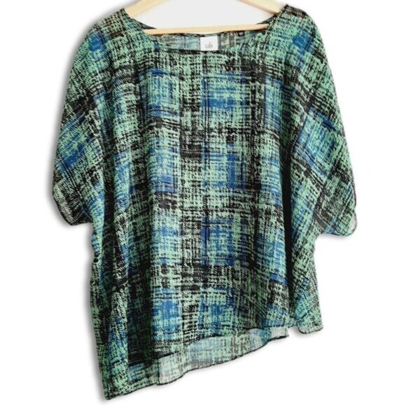 CABI Semisheer Asymmetrical Hem Light Blouse Top Green & Blue Sz L - Picture 1 of 10